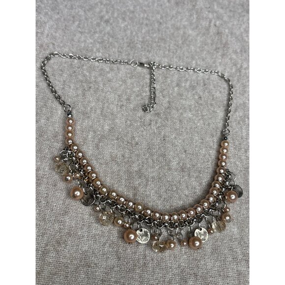 Silvertone Champagne Faux Pearl Bead Fringe Necklace Textured Disks 18 - 20 inch - Picture 1 of 2